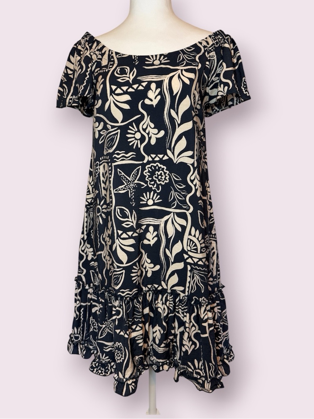 Robbie Bee Botanical Starfish Shift Mini Dress Summer Beach Resort Ware Medium